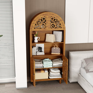English Elm Vintage Hand-carved Solid Wood Bookcase Tall Arched Open Shelf Cabinet for Living Room W3123P485777