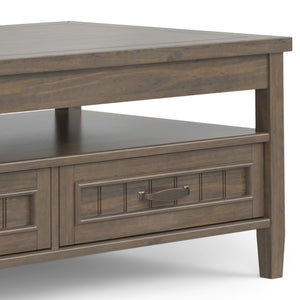 English Elm Lev Lift Top Coffee Table in Smoky Brown Solid Wood with Storage, Drawers & Brushed Bronze Handles B136P158826