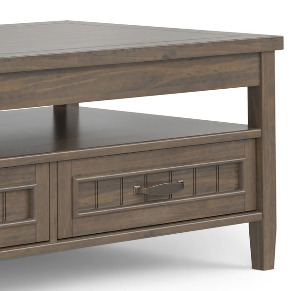English Elm Lev Lift Top Coffee Table in Smoky Brown Solid Wood with Storage, Drawers & Brushed Bronze Handles B136P158826