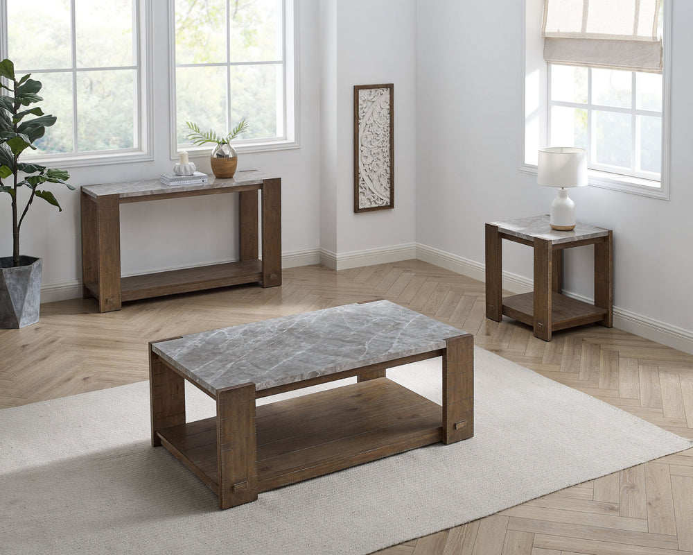 English Elm Steve Silver - Libby 3-Piece Table Set with Sintered Stone Tops, Distressed Wood & Exposed Tenon Details, Brown B081S00419