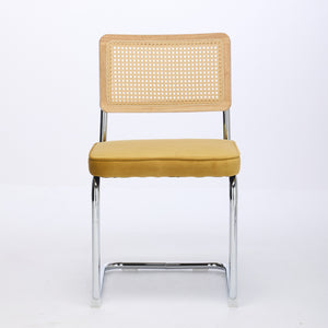 English Elm Mid Velvet Mid Century Dining Chair with Rattan Back, Solid Wood Frame, Plush Velvet, 360lb Capacity Gold W1143P168323