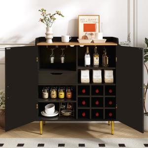 English Elm Modern Fluted Bar Cabinet with Wine Rack Glass Holders Adjustable Shelving and Hidden Drawer Black N728P438606B