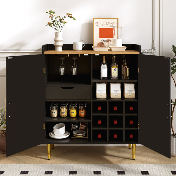 English Elm Modern Fluted Bar Cabinet with Wine Rack Glass Holders Adjustable Shelving and Hidden Drawer Black N728P438606B