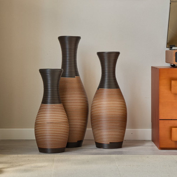 English Elm Set of 3 designer floor vases in Grey+Brown PVC, modern rattan-look tall decor for hallways & living rooms W2796P261496
