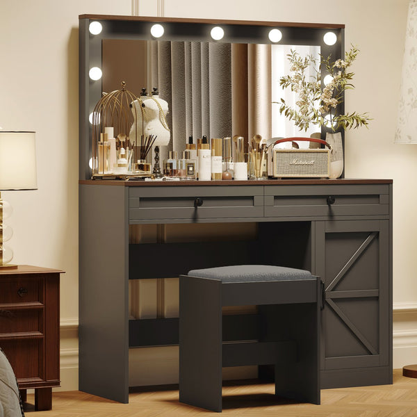 English Elm 43.4"Makeup Vanity Table with Large LED Mirror, Adjustable Brightness, 3 Drawers & Stool for Organized Glam Routine Black W2386P199525