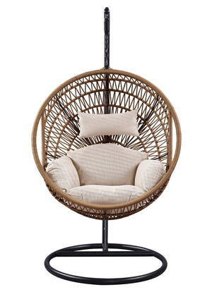 English Elm Vasant Beige Hanging Chair with Stand, Polyester Rope & Metal Frame, Removable Cushions, 26" Seat Depth B2726S00503
