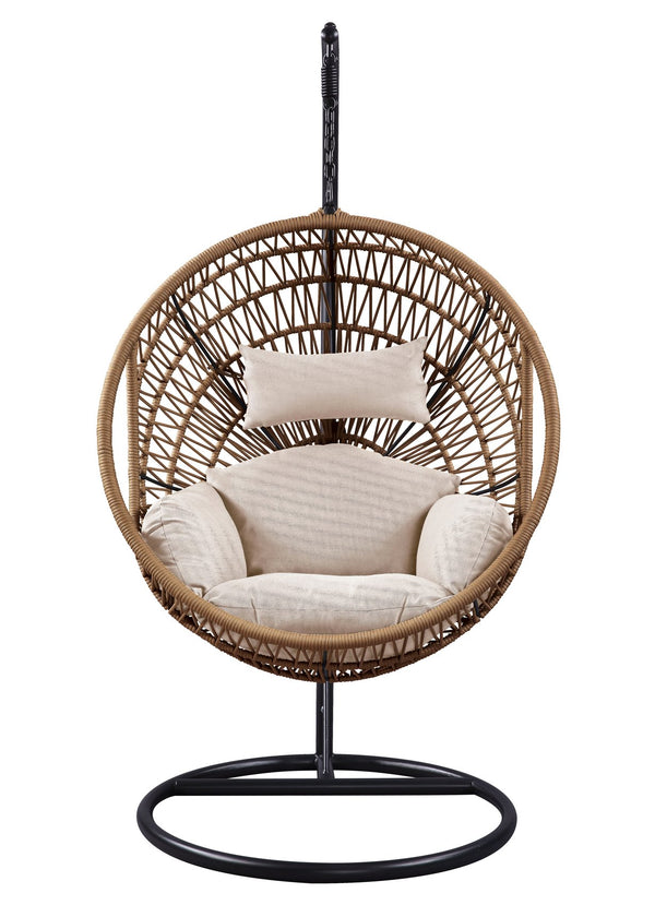 English Elm Vasant Beige Hanging Chair with Stand, Polyester Rope & Metal Frame, Removable Cushions, 26" Seat Depth B2726S00503
