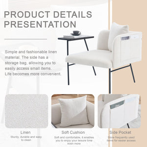 English Elm Leisure Linen Accent Chair with Built-in Side Table Pockets and Lumbar Pillow Modern Beige W395P453307