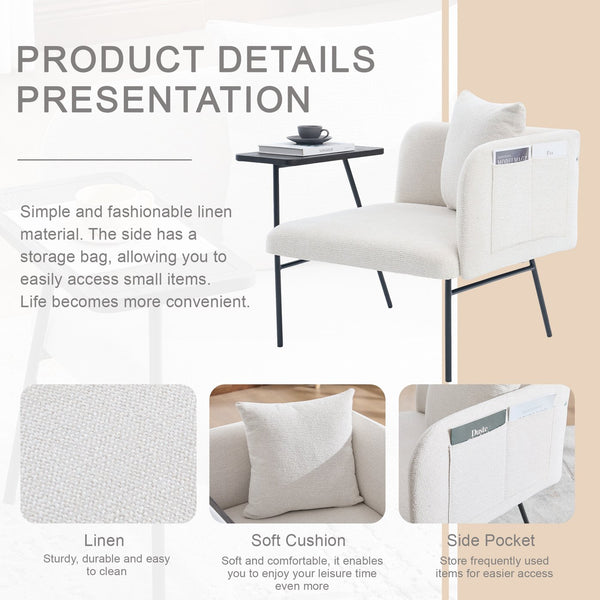 English Elm Leisure Linen Accent Chair with Built-in Side Table Pockets and Lumbar Pillow Modern Beige W395P453307