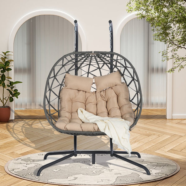 English Elm Double Hanging Wicker Egg Chair with Iron Stand Outdoor Uv Resistant 600 Lb Patio Swing W874P270569