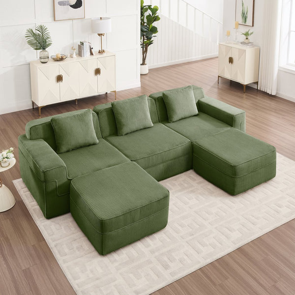 English Elm Modular U-Shape Sectional Sofa With Plush Corduroy Upholstery, Movable Ottomans & Cozy Pillows W3041S00333