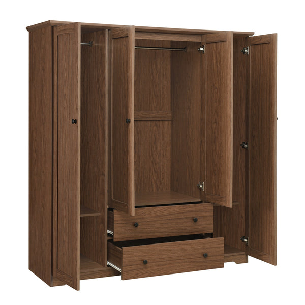 English Elm 4 Door Wardrobe Armoire Closet with 2 Drawers Rustic Pine & MDF Storage Cabinet with Shelves and Hanging Space Brown N7090001842D