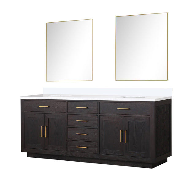 English Elm Black Oak Double Bath Vanity Set With White Quartz Top & 36-Inch Frameless Mirrors For Elegant Style B2731S02144