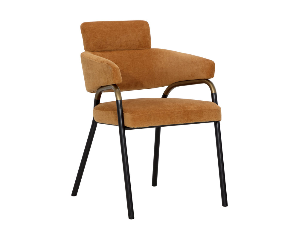Sunpan Sharqui Dining Armchair – Luxurious Contemporary Design with Black Metal Legs and Bronze Armrest Accent Danny Amber