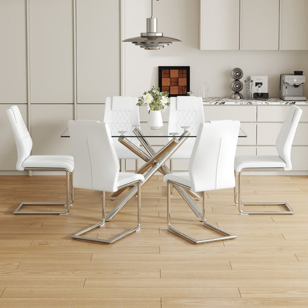English Elm Table Modern Luxurious Transparent Glass Dining Set With 6 White Pu Chairs & Silver Metal Legs W1151S04126-GIGA