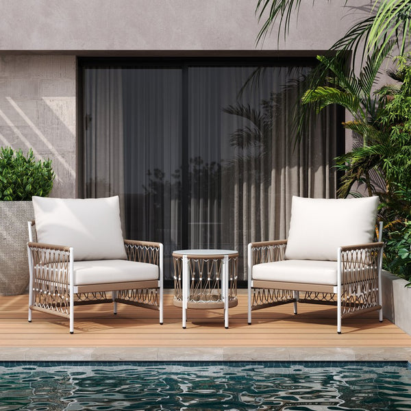 English Elm 3-piece Outdoor Bohemian Rope Lounge Set with Tempered Glass Table for Patio N767P306731B_N767P306732B