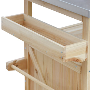 English Elm K&K Outdoor Kitchen Island Rolling Bar Cart with 1.2" Stainless Steel Top, Ample Storage, Wheels and Spice Rack Natural WF532198AAY