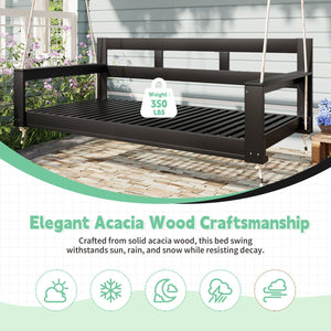 English Elm TOPMAX Acacia Wood Twin Porch Swing Bed Frame with High Back, 350lb Capacity & 118" Hemp Ropes Black N717P265795B