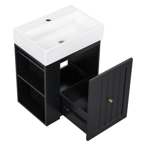 English Elm 20-Inch Compact Bathroom Vanity with Ceramic Sink, Wall-Mounted MDF Cabinet, Modern Space-Saver Design Black N725P314023B