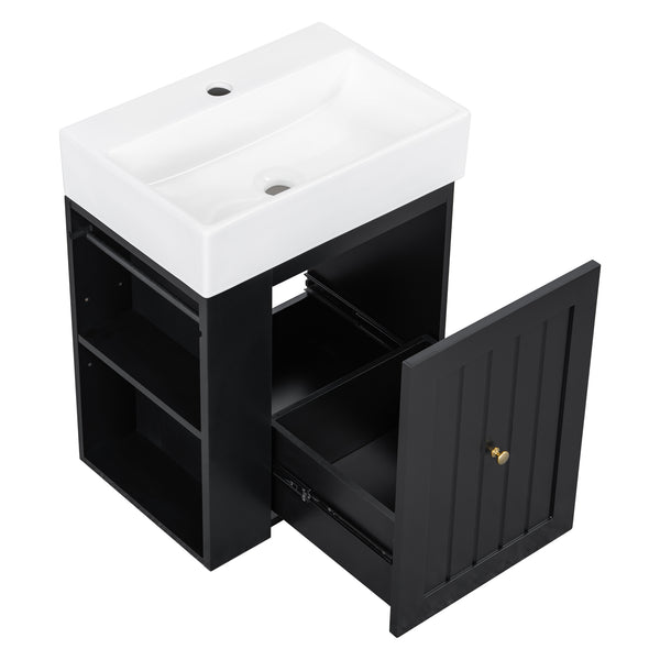 English Elm 20-Inch Compact Bathroom Vanity with Ceramic Sink, Wall-Mounted MDF Cabinet, Modern Space-Saver Design Black N725P314023B