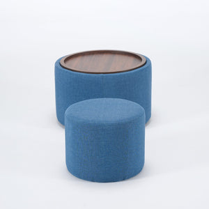 English Elm Ball Cast Round Nesting Ottoman Set Linen Upholstered Hidden Storage with Wooden Tray Blue W3163P379374