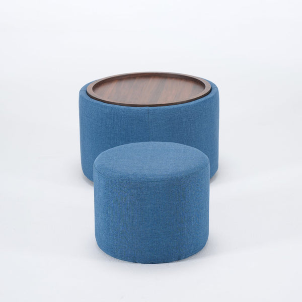 English Elm Ball Cast Round Nesting Ottoman Set Linen Upholstered Hidden Storage with Wooden Tray Blue W3163P379374