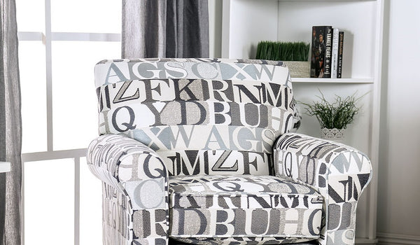 English Elm 1pc Coastal Blue-Gray Accent Chair with Patterned Fabric, Medium Density Foam, Wooden Legs, Chic Transitional Design Gray,Ivory 38 L x 32 W x 33 H B2741P376929