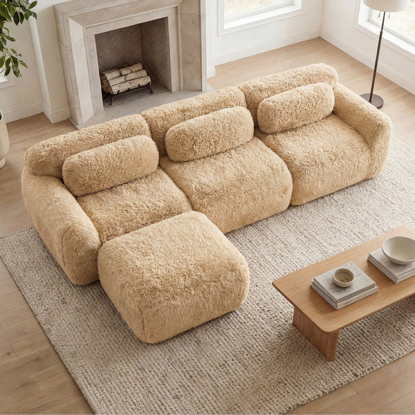 English Elm L-shaped Plush Modular Sectional Sofa with Ottoman and High Resilience Foam Seating Light Khaki W714S01568