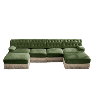 English Elm 4-seater Modular Sectional with Ottomans Tufted Fleece Sofa Tassel Skirt Retro Luxe Green W714S01714