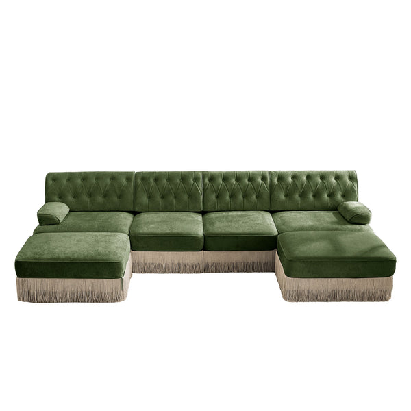 English Elm 4-seater Modular Sectional with Ottomans Tufted Fleece Sofa Tassel Skirt Retro Luxe Green W714S01714