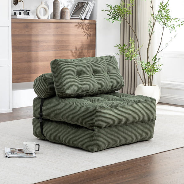 English Elm Folding Floor Sofa Bed Convertible Sleeper Chair with Shredded Foam Corded Fabric Green W2200P442796