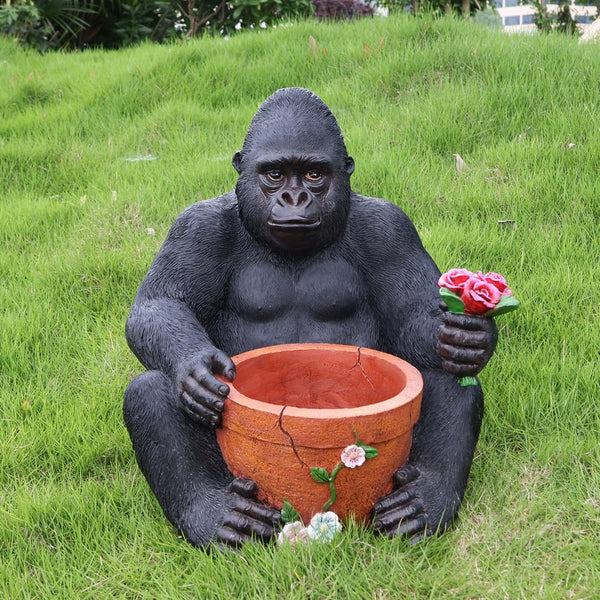 English Elm Outdoor Chimpanzee Resin Garden Statue with Built-in Planter for Patio Decor W5398P455473