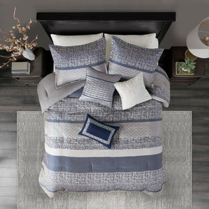 English Elm 7 Piece Jacquard Comforter Set Navy Cal King – Madison Park Rhapsody Stripe Jacquard, Embroidered Pillows B03597214