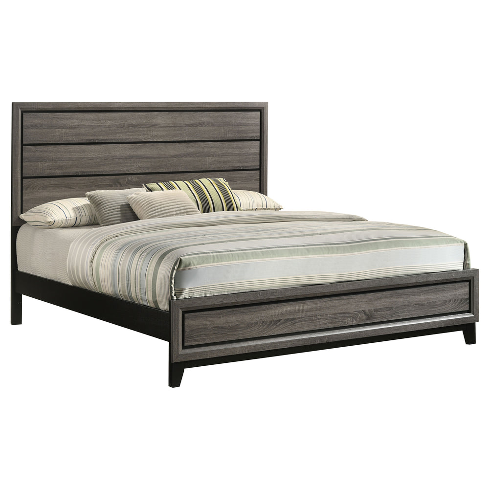 English Elm Carina Rustic Grey Oak Eastern King Panel Bed with Smoky Weathered Finish, Modern Paneled Design B062S00945