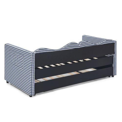 Twin‑size Gingham Upholstered Daybed with Pull Out Trundle and Side Storage Pocket