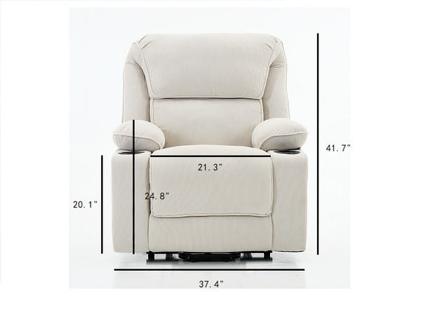 English Elm Ivory Corduroy Recliner with Heat, Massage & Assistive Lift — Remote Control, Cup Tray Comfort W570P320340