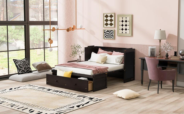 English Elm Full Size Wall Murphy Bed Cabinet with Storage Drawer and Built-in Usb Charging Espresso N708P205903P