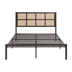 English Elm 1pc Queen Platform Bed Sanibel Metal Frame with Faux Cane Headboard Dark Finish Coastal Chic Design Bronze 66 L x 25 W x 3.75 H B011P214030