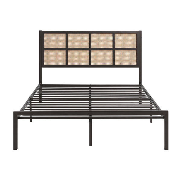 English Elm 1pc Queen Platform Bed Sanibel Metal Frame with Faux Cane Headboard Dark Finish Coastal Chic Design Bronze 66 L x 25 W x 3.75 H B011P214030