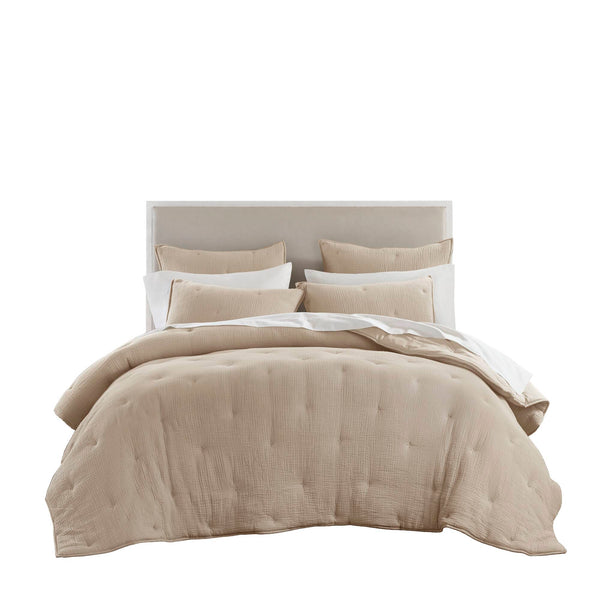 English Elm 3-piece Cotton Muslin Quilt Set with Embroidered Tacking for a Relaxed Bedroom Taupe B035P408349