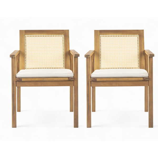 English Elm Christopher Knight Home® - Preston Teak Outdoor Dining Chairs Set of 2 with Beige Cushions, Acacia Wood Frame, Wicker Backrest N775P243309T