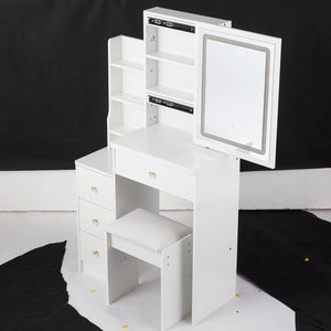 English Elm 29.2" Compact Vanity Set With Touch-Control Led Mirror, Stylish Stool & Ample Storage For Small Spaces W936P226033