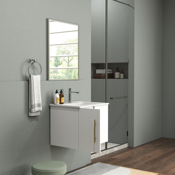 English Elm 24-Inch Wall-Mounted Bathroom Vanity & Mirror Combo - Modern Glossy White, Gold Handles, Soft Close W3151S00033