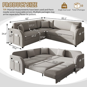 English Elm 85.1" Teddy Plush L-shaped Sectional Sleeper Sofa with Usb Ports and Pull Out Bed Light Grey W1885S00320