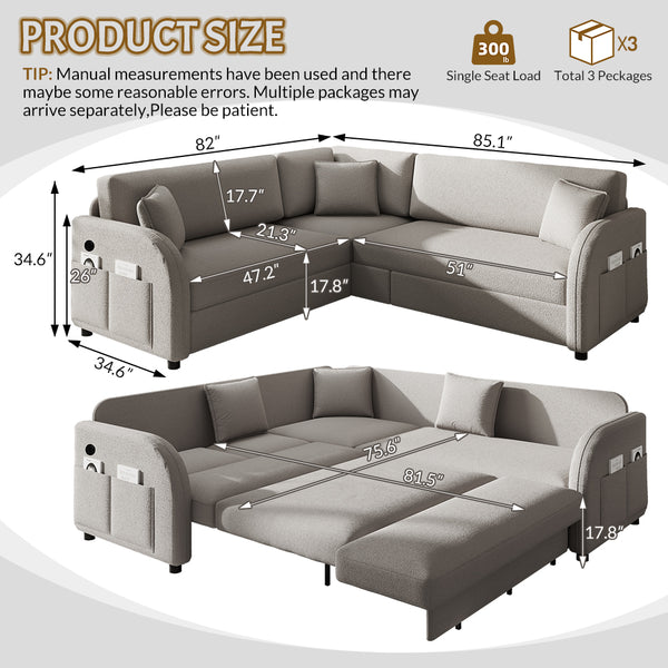 English Elm 85.1" Teddy Plush L-shaped Sectional Sleeper Sofa with Usb Ports and Pull Out Bed Light Grey W1885S00320