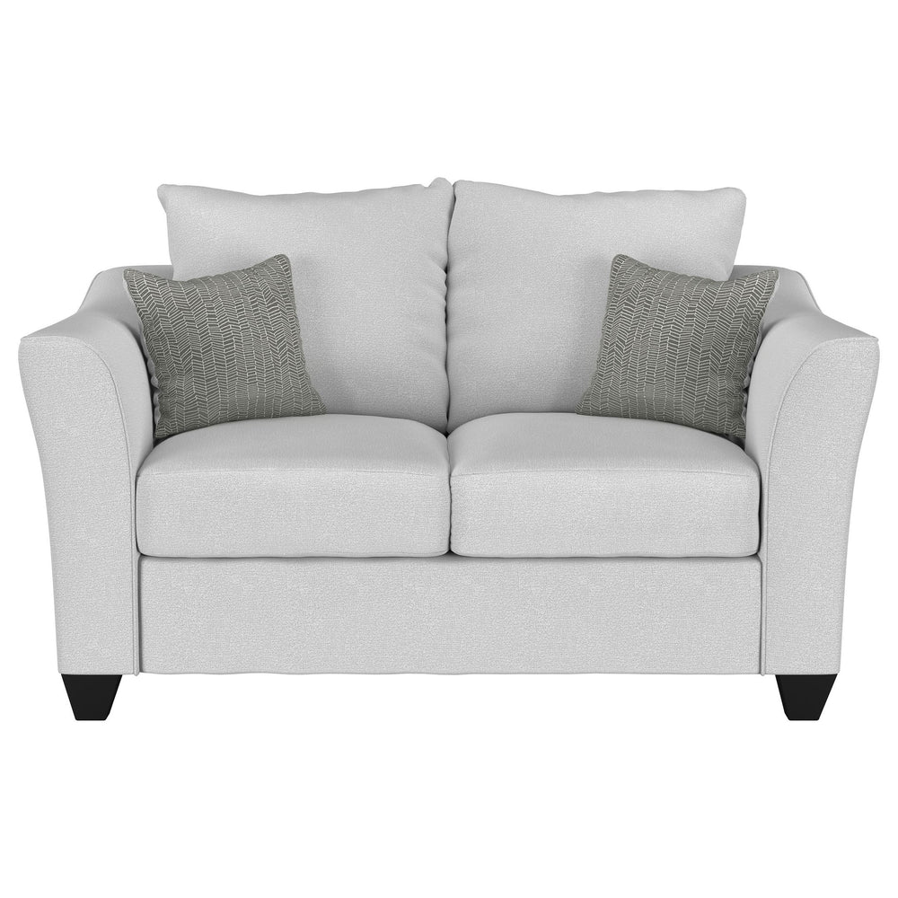 English Elm Alcazar Sand Track Arm Loveseat in Gray Mist Upholstery with Toss Pillows, Plush Firm Cushions, Modern Style B062P354052