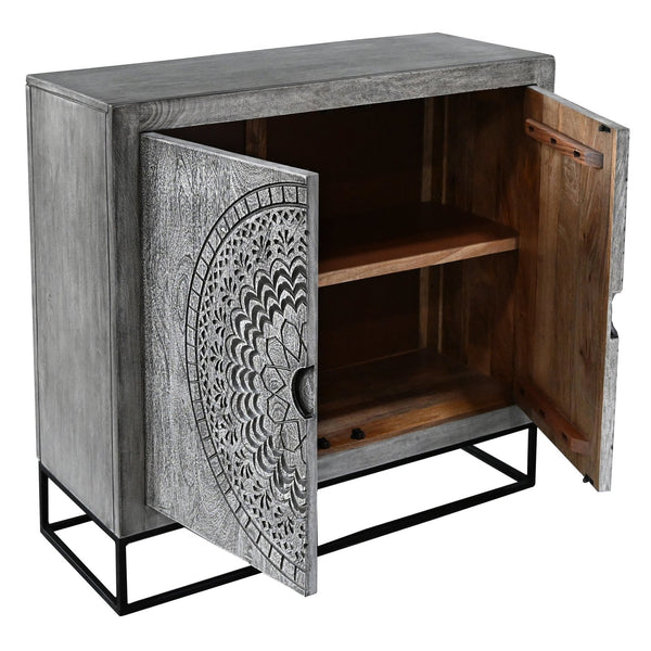 English Elm Zera Handcrafted 39" Accent Cabinet – Sandblasted Gray Mango Wood, Medallion Doors, Iron Stand B056P390833