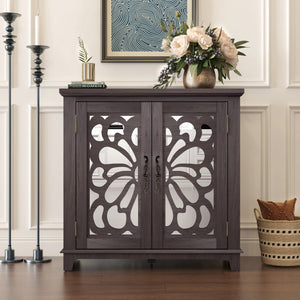 English Elm Elegant Mirrored Sideboard with Butterfly Carved Doors Wood Grain Finish Dining Storage Dark Brown W2899P372739