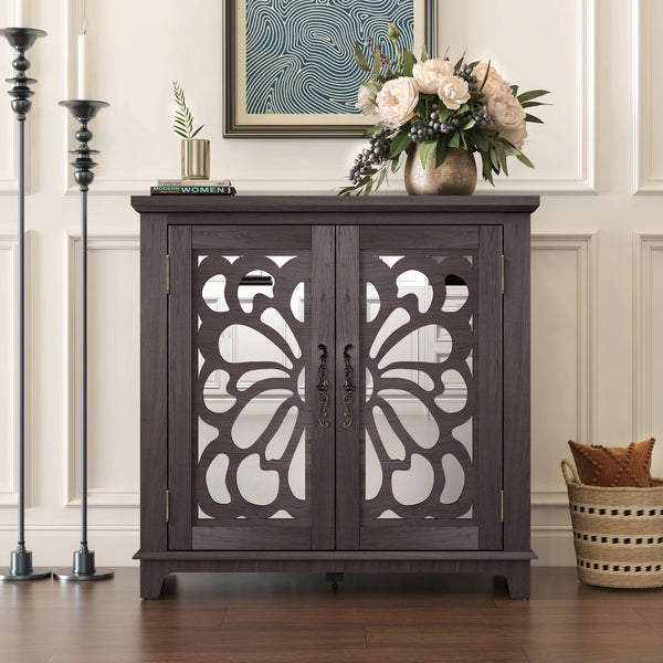 English Elm Elegant Mirrored Sideboard with Butterfly Carved Doors Wood Grain Finish Dining Storage Dark Brown W2899P372739