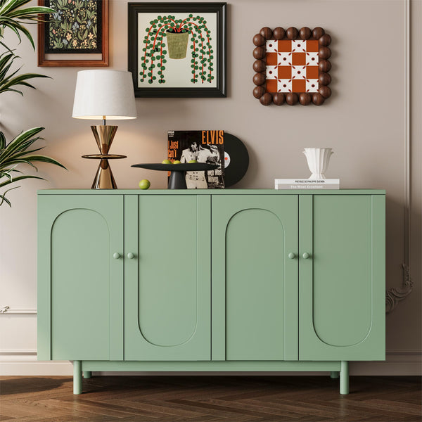 English Elm Stylish 4-Door Intaglio Storage Cabinet with Pine Legs and Solid Wood Pulls, Mid-Century Modern Console Mint Green W757P151918